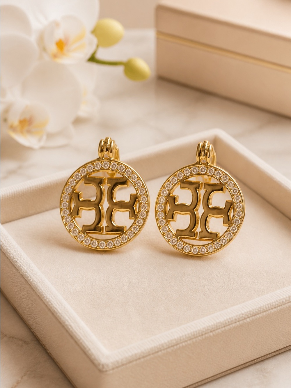 Tory Burch Gold Crystal Logo Earrings - Picture 4 of 8